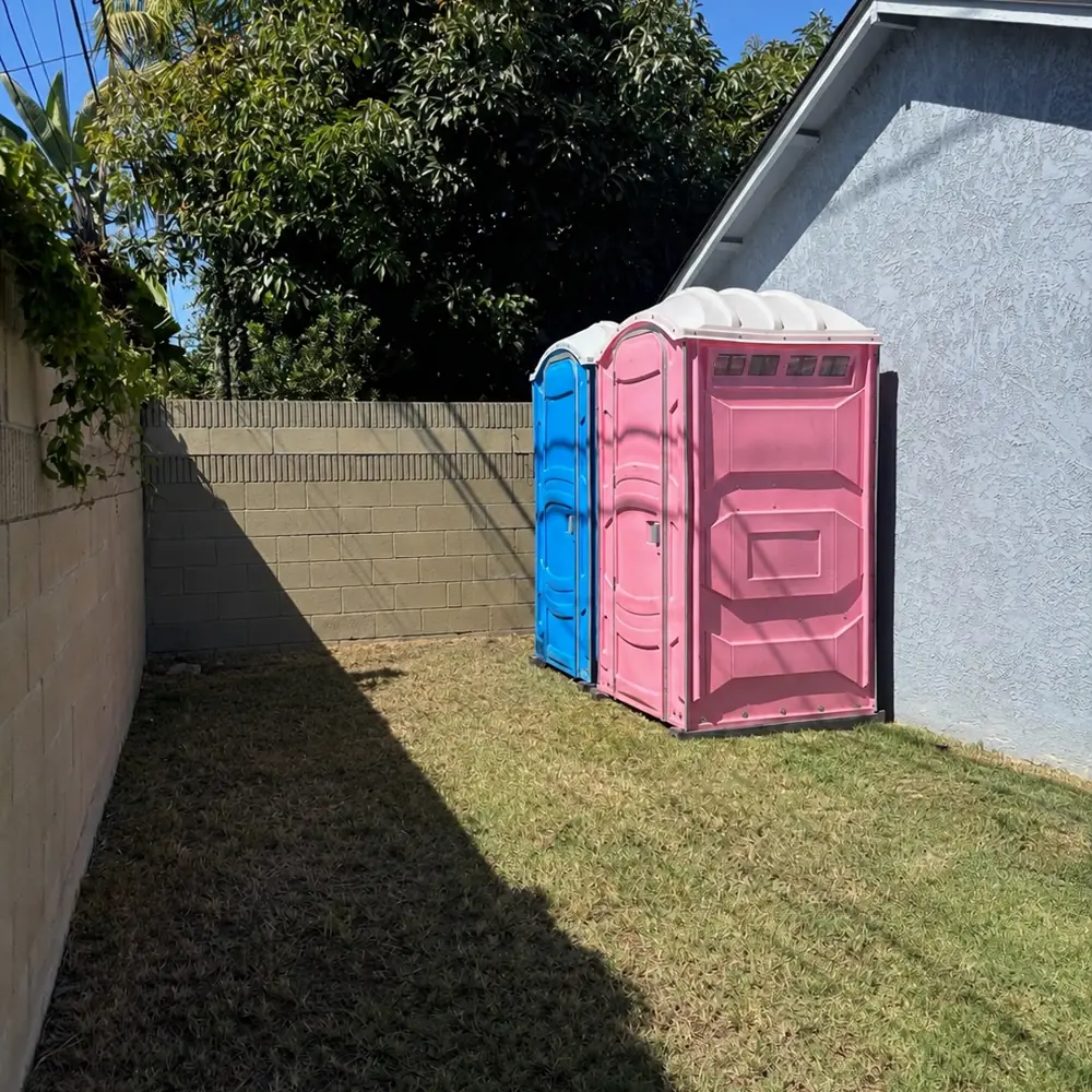 Pink and blue porta potties in a grassy backyard